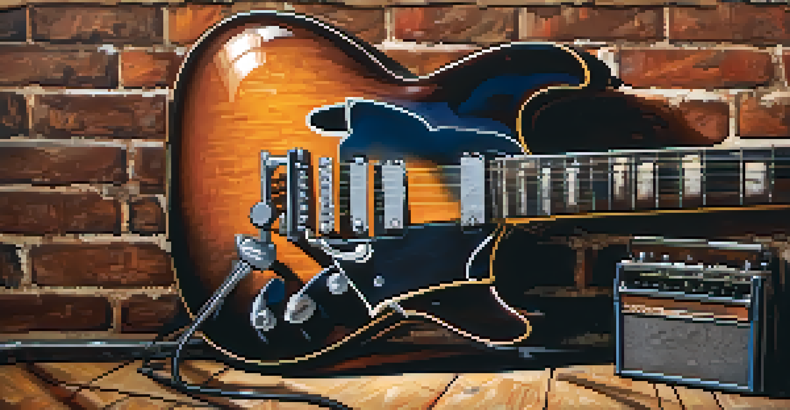A close-up of a vintage electric guitar and harmonica against a rustic brick wall, illuminated by soft warm lighting.