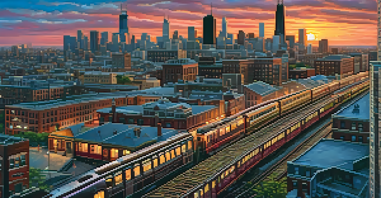 An aerial view of Chicago's skyline featuring a network of railroads and modern skyscrapers at sunset.