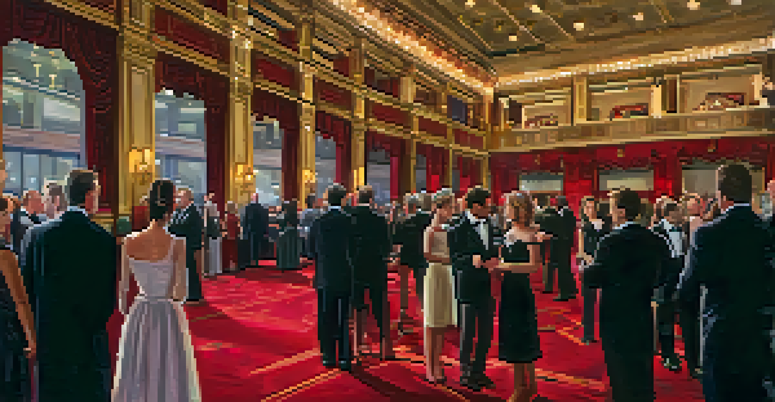 A luxurious lobby of the Goodman Theatre with ornate decorations and patrons in formal attire.