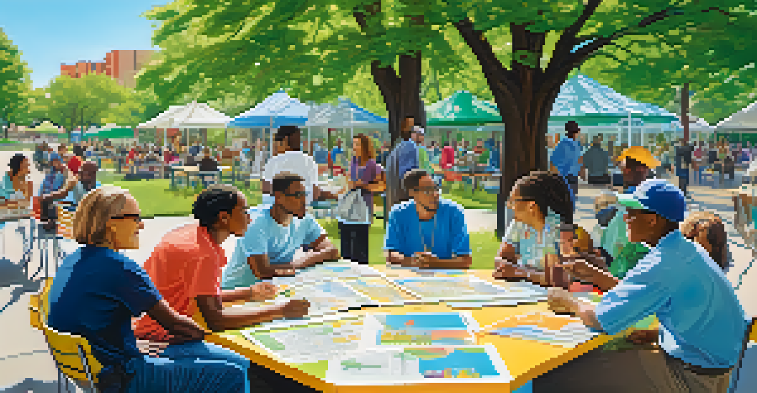 Residents participating in a community engagement meeting in a Chicago park, discussing local development plans among colorful posters and maps.