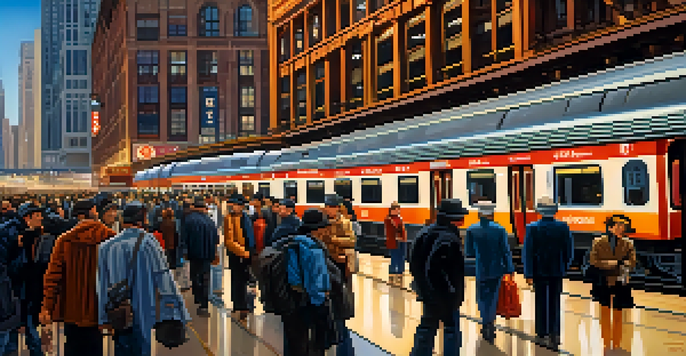 A busy Chicago train station with a diverse group of commuters, bright lights, and elevated tracks in the background.