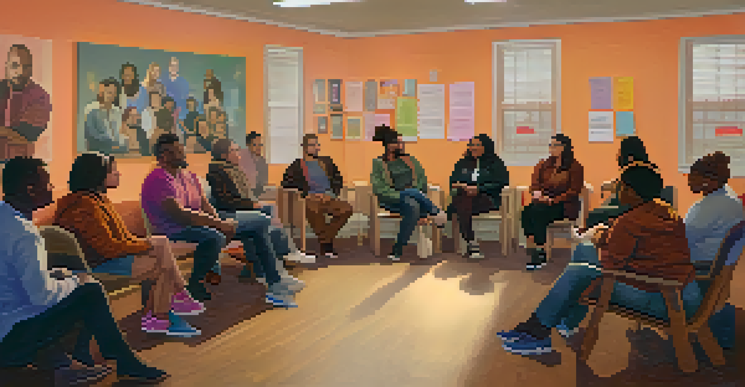 A discussion group on transgender rights in a community center, featuring diverse participants engaged in conversation with advocacy posters on the walls.