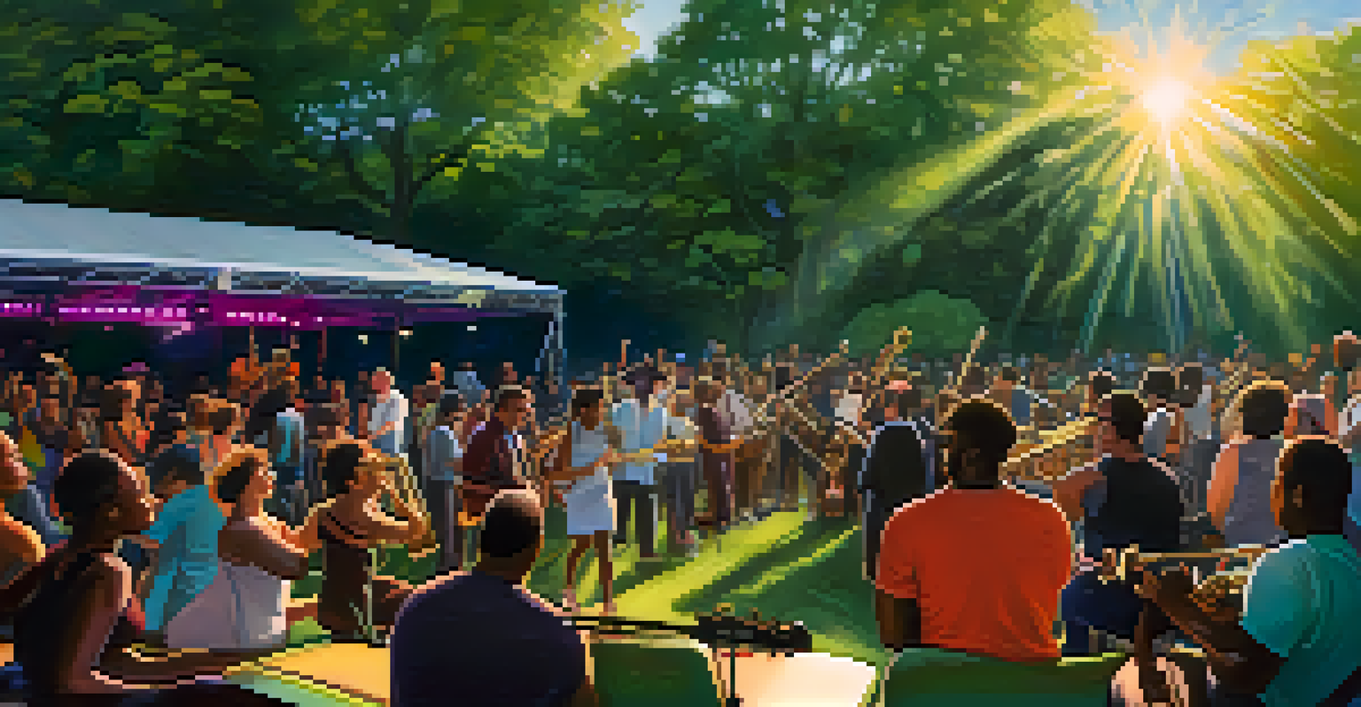 A jazz band performing on an outdoor stage surrounded by trees, with an audience enjoying the music under colorful lights.