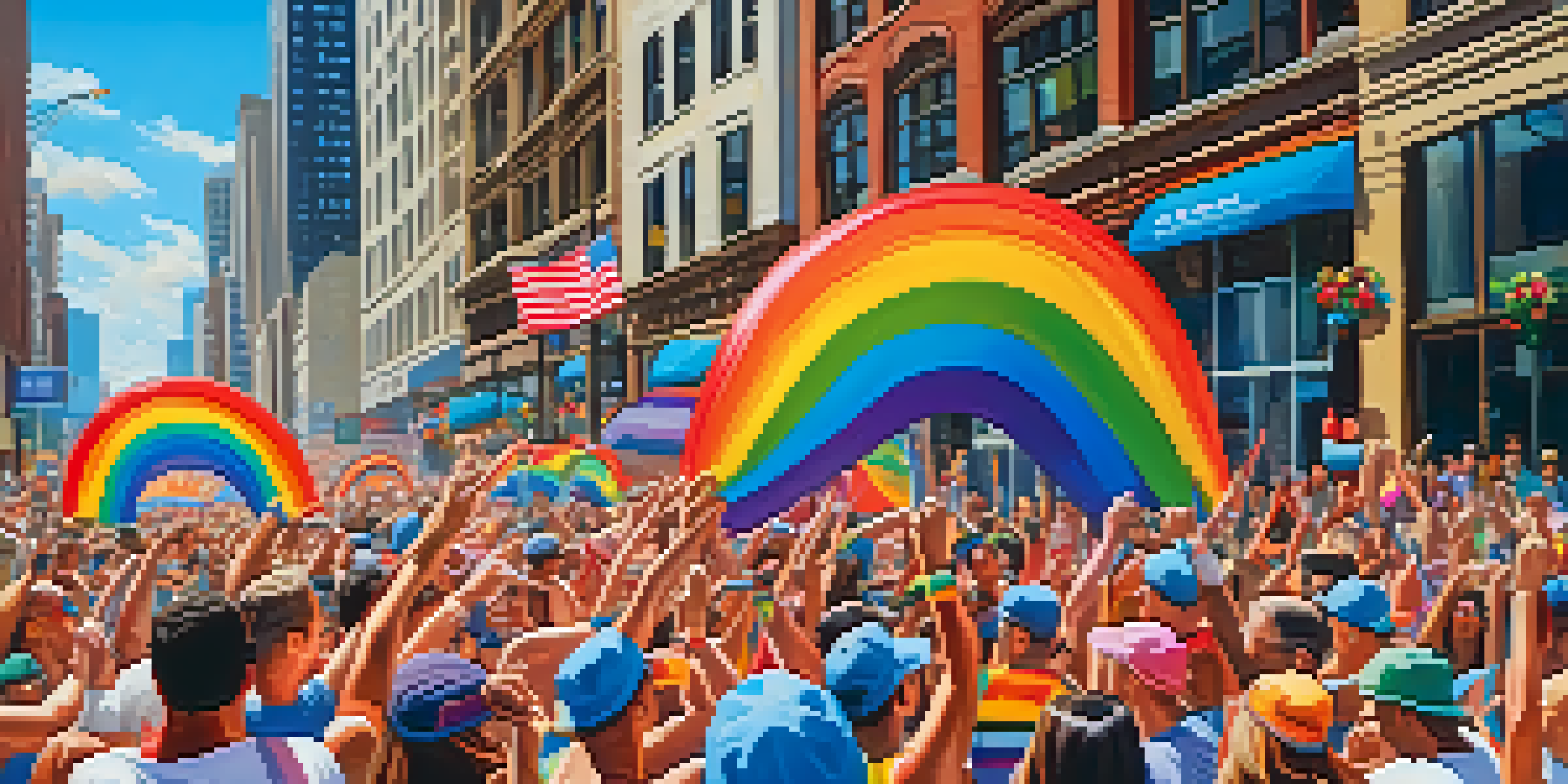 A lively and colorful street scene during the Chicago Pride Parade, with participants in vibrant outfits and rainbow flags, against a backdrop of Chicago's architecture.