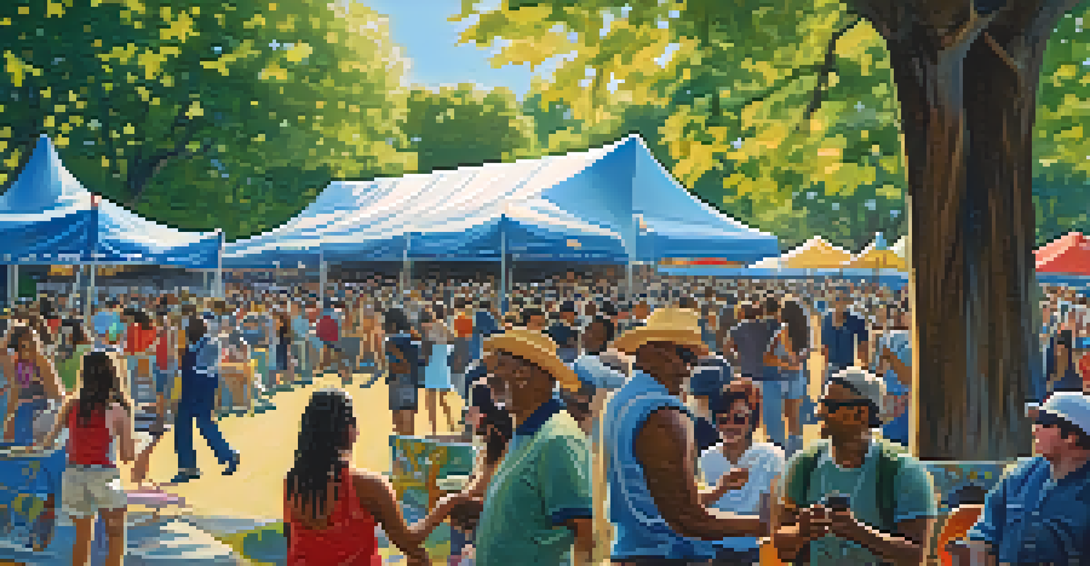 A bustling outdoor blues festival in Chicago with performers on stage and a joyful crowd enjoying the music.
