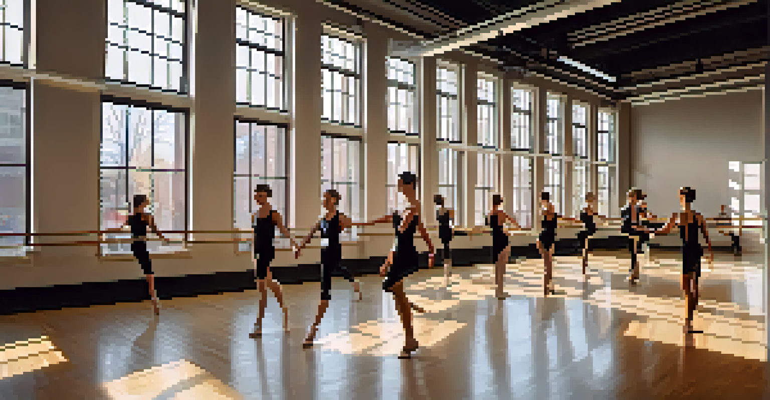 A rehearsal space with dancers practicing contemporary choreography in front of mirrors, illuminated by natural light from large windows.