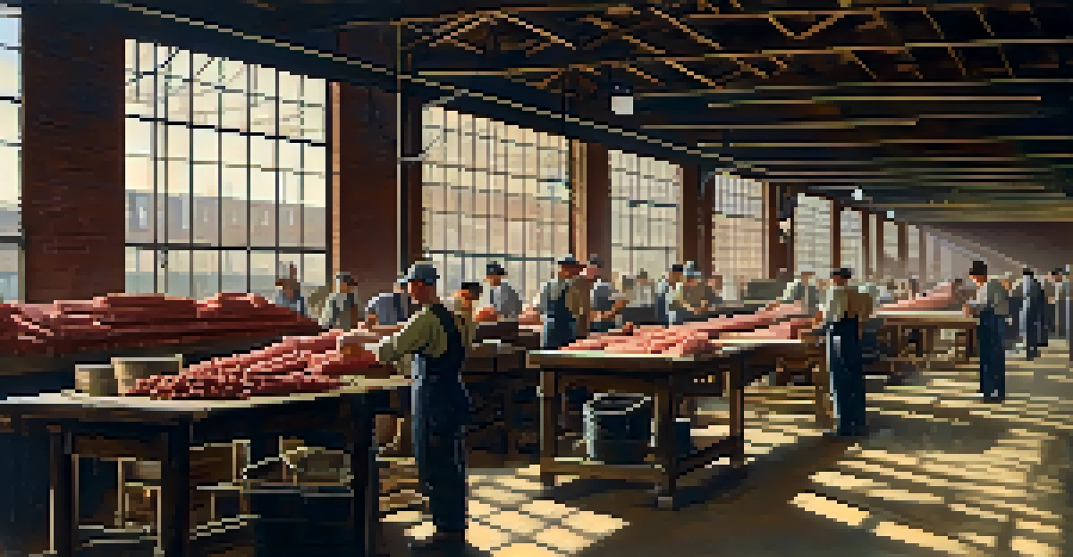 An interior of a meatpacking factory in early 20th-century Chicago showing workers and machinery in action.