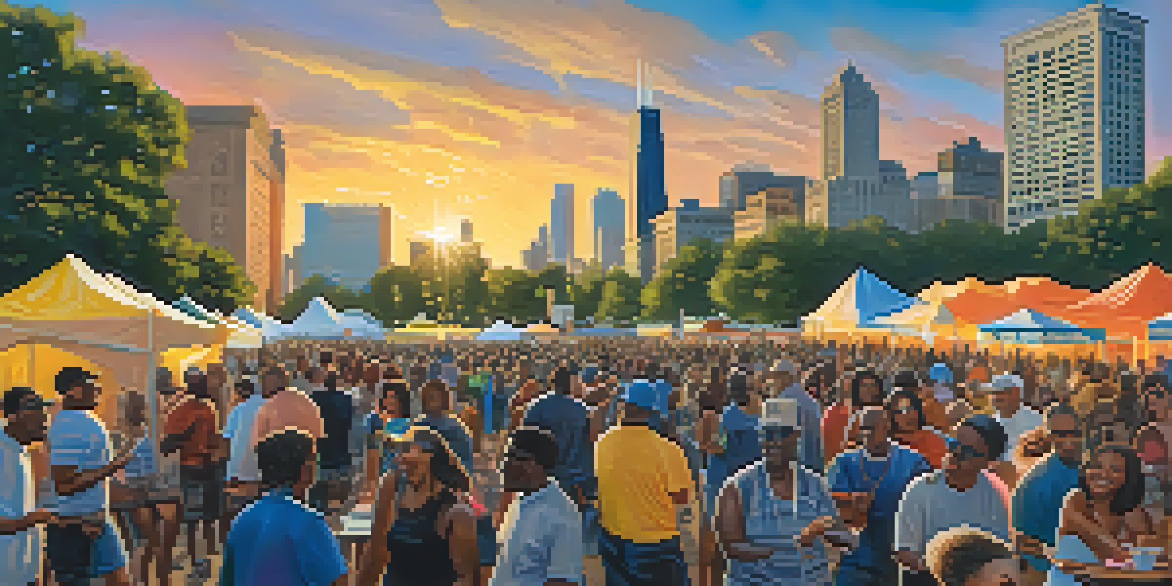 A lively outdoor festival in Grant Park, with a crowd enjoying blues music, food vendors, and colorful decorations under a sunset sky.