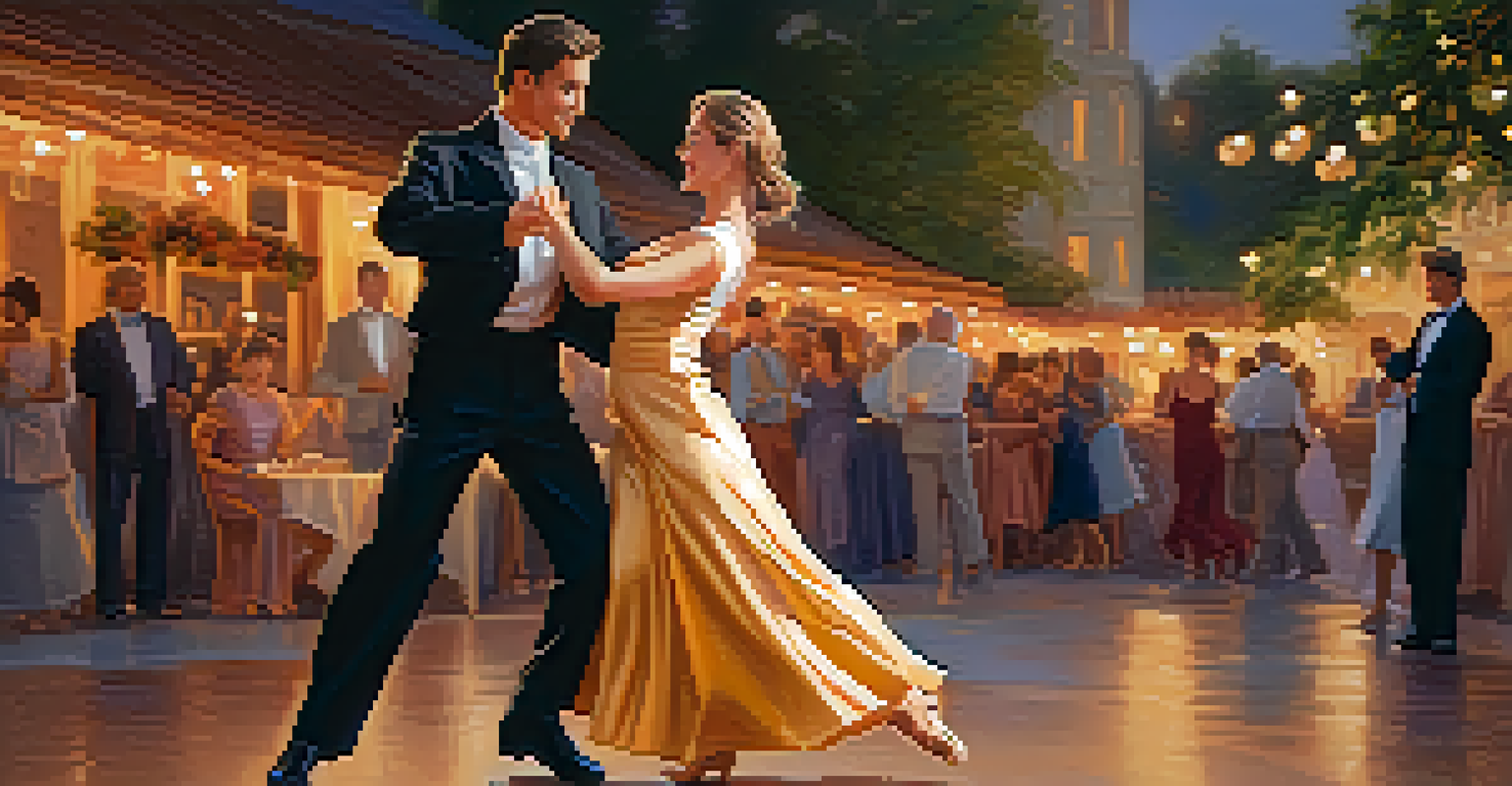 A couple dancing gracefully in a close-up shot, with joyful expressions and intricate footwork in a warm summer evening light.