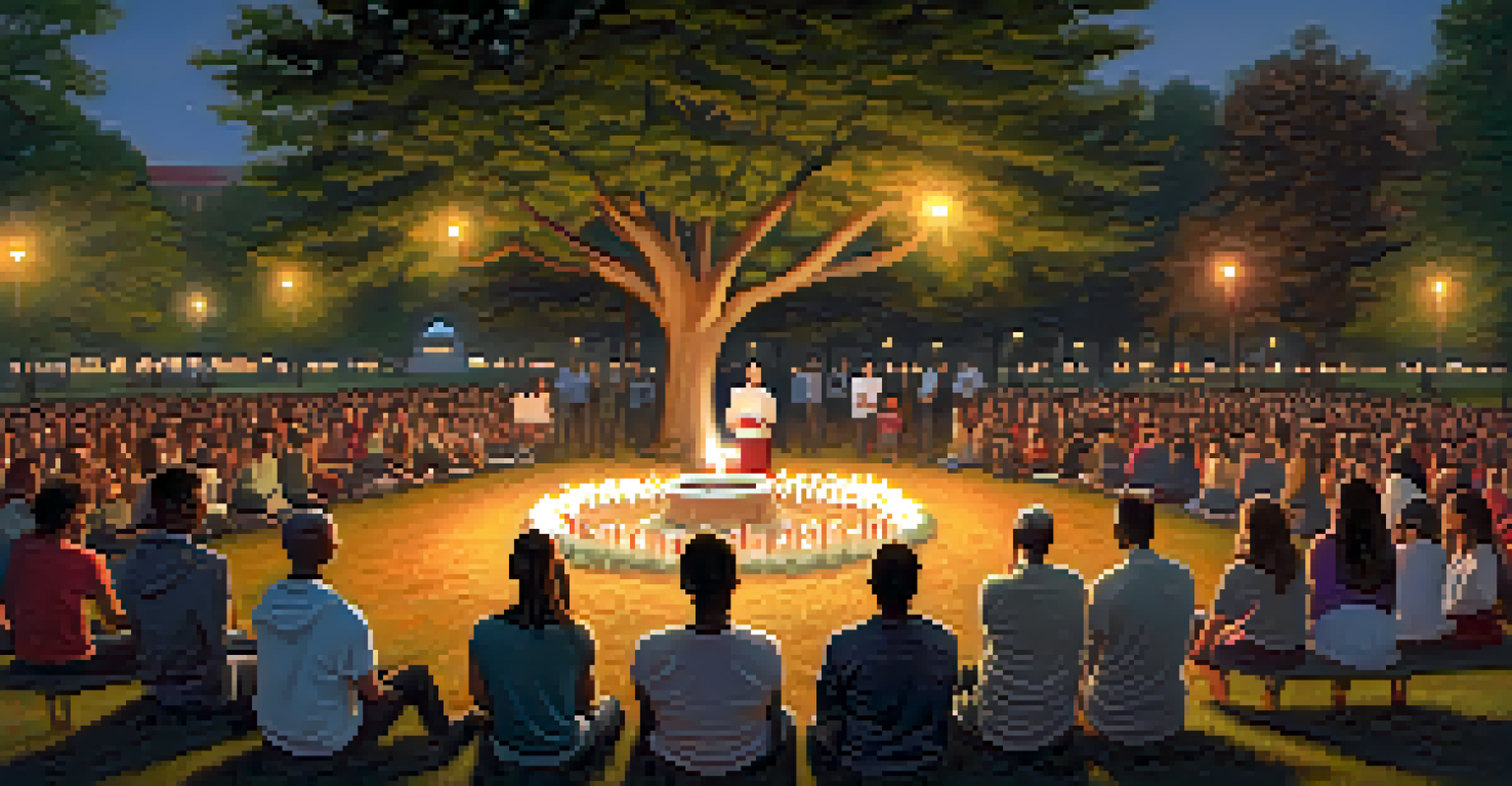 A memorial event for HIV/AIDS awareness with people holding candles in a park, surrounded by trees and a twilight sky.