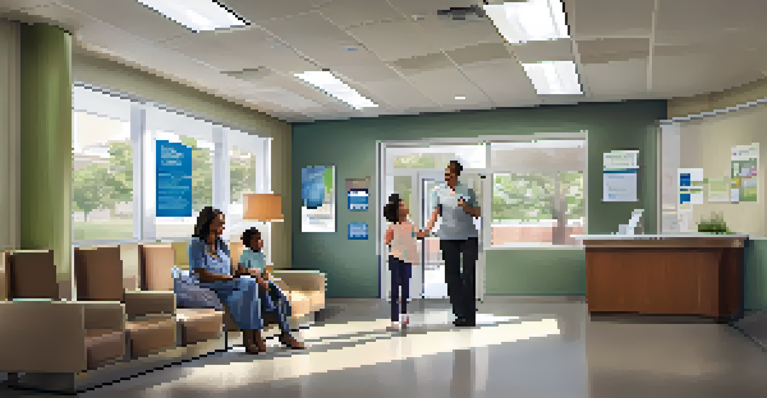 Interior of a welcoming family health clinic in Chicago with families in the waiting area and a friendly receptionist.