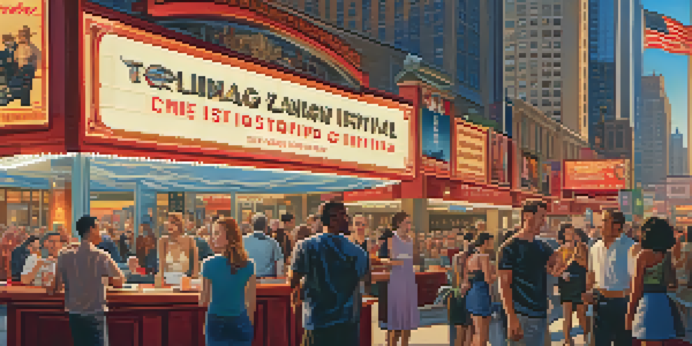 A diverse group of filmmakers engaging in discussions at the Chicago International Film Festival with the Chicago skyline in the background during golden hour.
