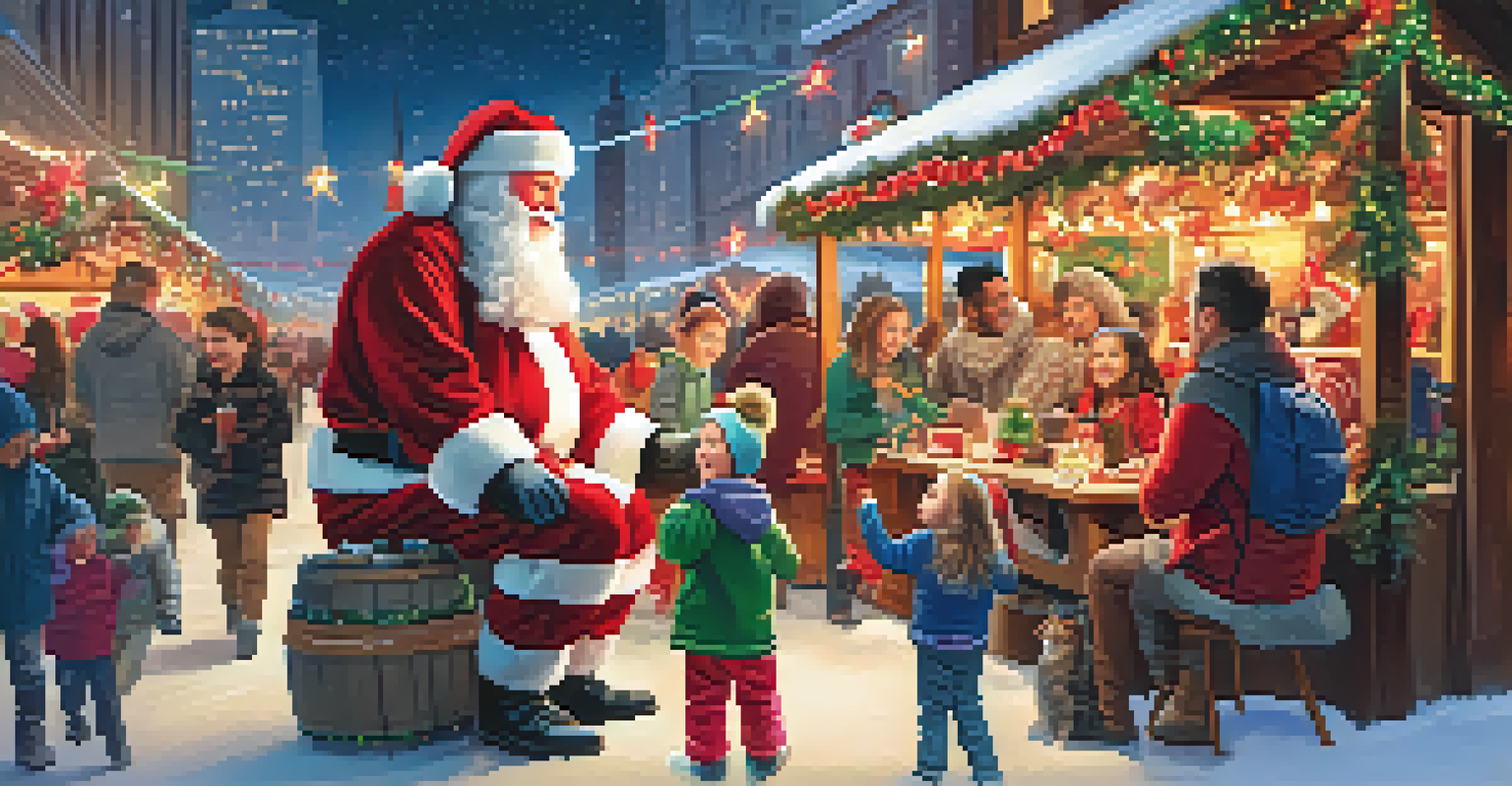 A family at the Chicago Christmas Market participating in craft activities with festive decorations and a Santa Claus figure in the background.