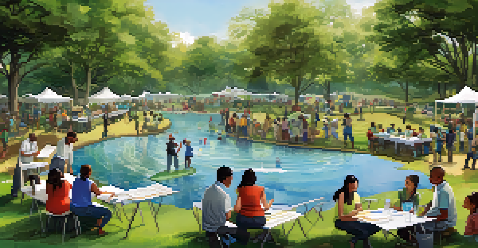 A community workshop on water management with diverse residents participating in discussions and activities, surrounded by greenery.