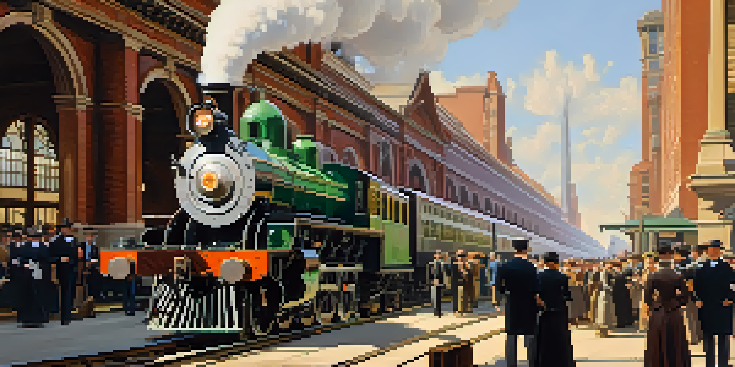 A historic railway station in Chicago during the late 1800s with steam locomotives and crowded platforms filled with passengers.