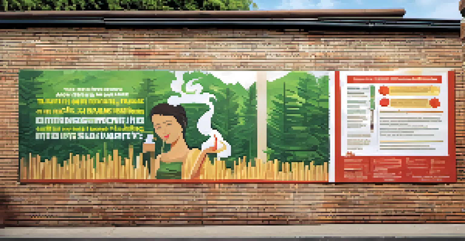 A public service announcement poster about anti-smoking on a city street, featuring bold graphics and health statistics.