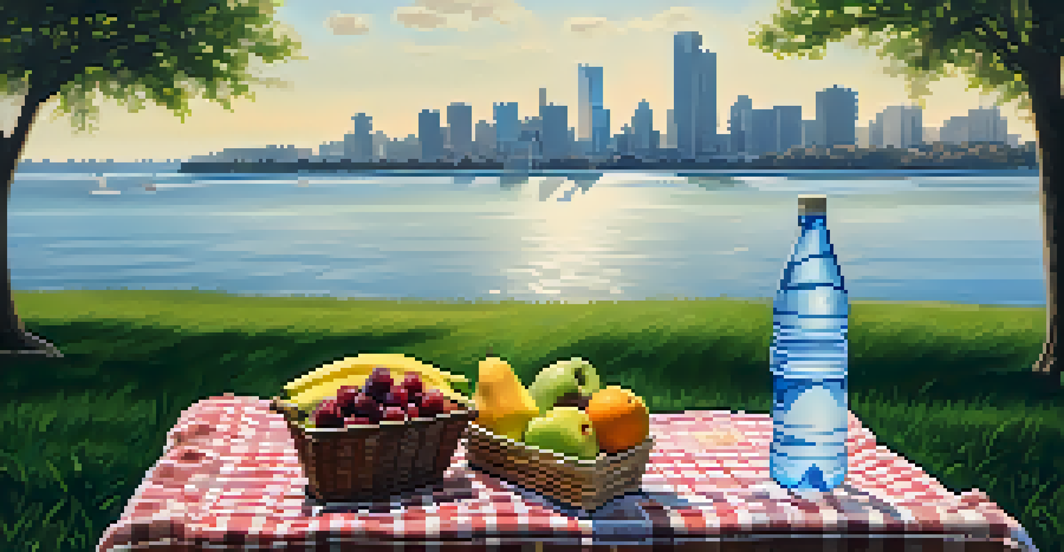 A cozy picnic scene along the Lakefront Trail, with a blanket, a picnic basket, and a view of Lake Michigan and the city skyline.