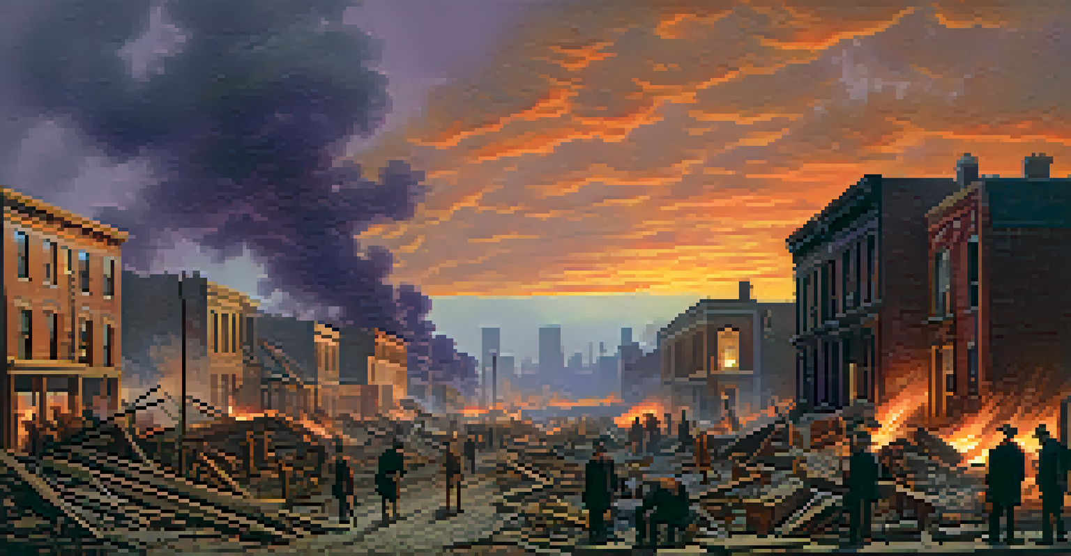 A dramatic scene of the aftermath of the Great Chicago Fire with charred buildings and city officials discussing rebuilding.