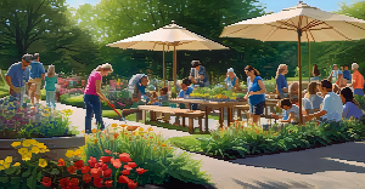 Volunteers participating in a gardening workshop at the Chicago Botanic Garden, surrounded by colorful plants and flowers.