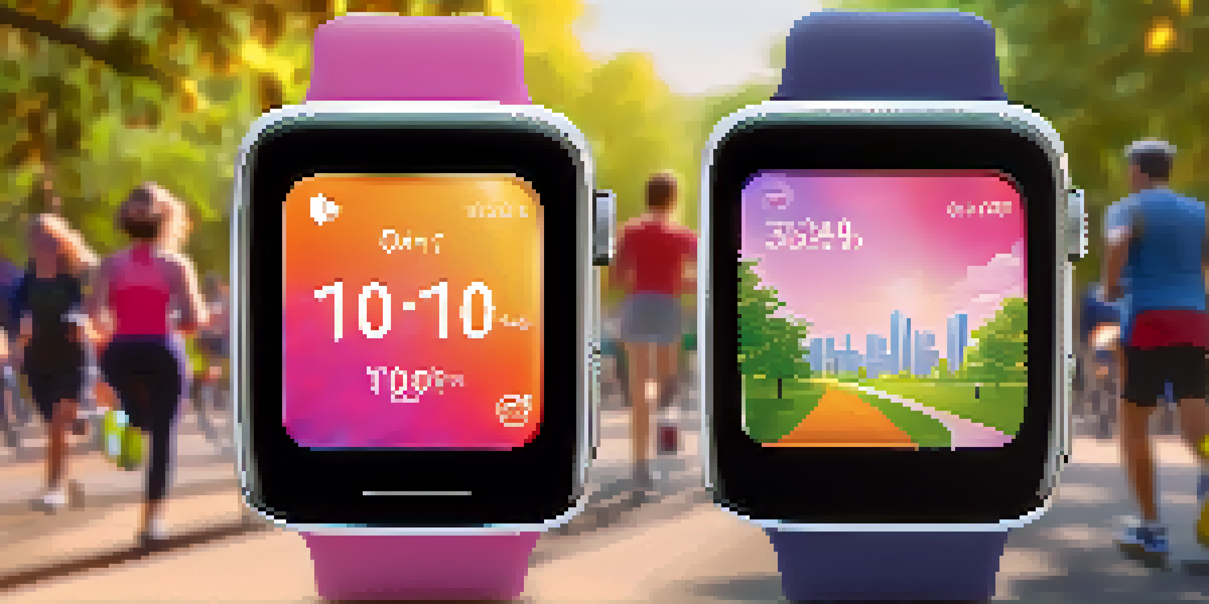 A smartwatch showing health metrics surrounded by an active park scene with people exercising.