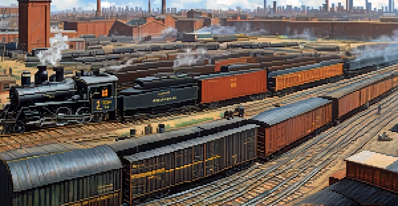A panoramic view of a late 19th-century Chicago railroad yard with steam locomotives and workers loading goods.