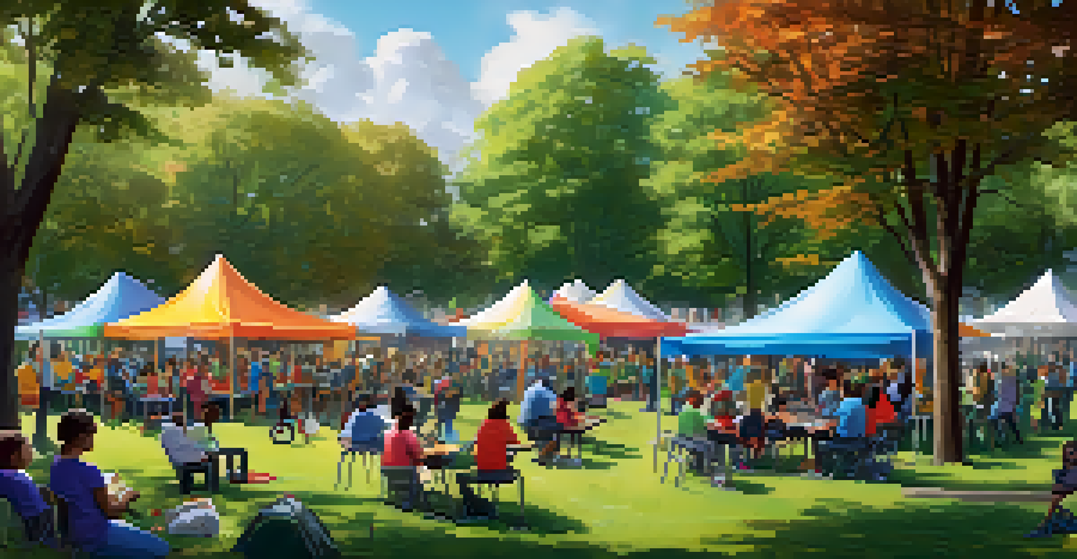 Families and children participating in a coding workshop at a community tech outreach event in a Chicago park, with colorful tents and banners.