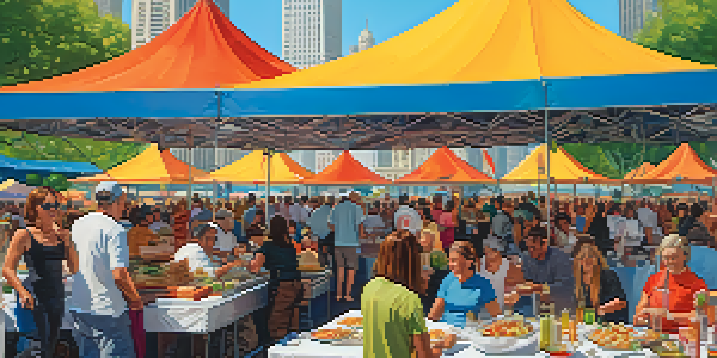 A bustling food festival in Millennium Park, featuring local chefs and a diverse crowd enjoying various gourmet dishes under colorful tents.