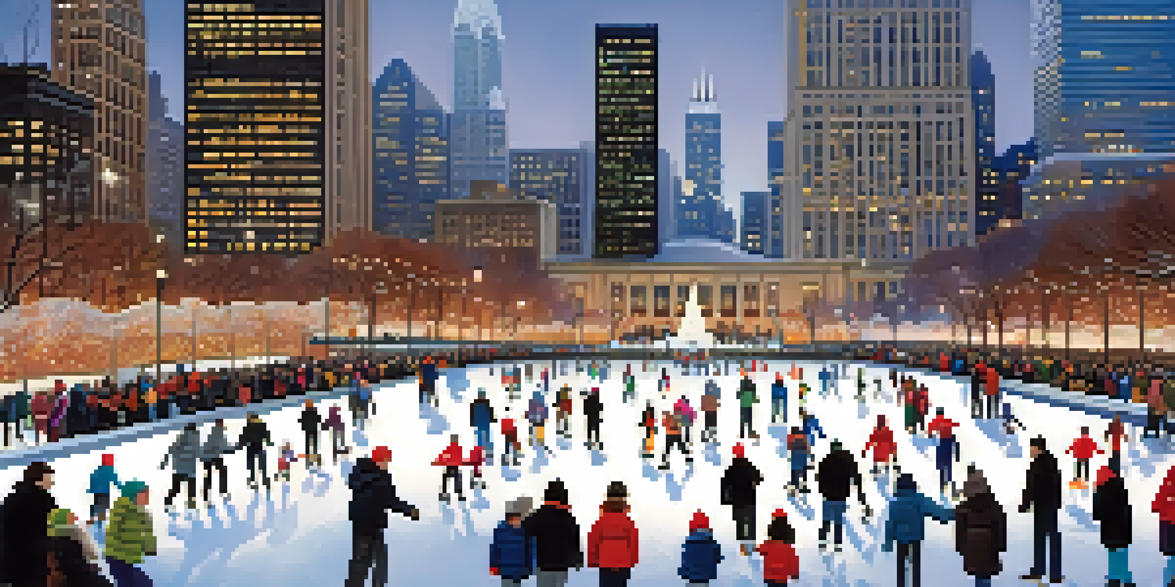 Families enjoying ice skating at Millennium Park in Chicago, with the city skyline in the background and festive lights.