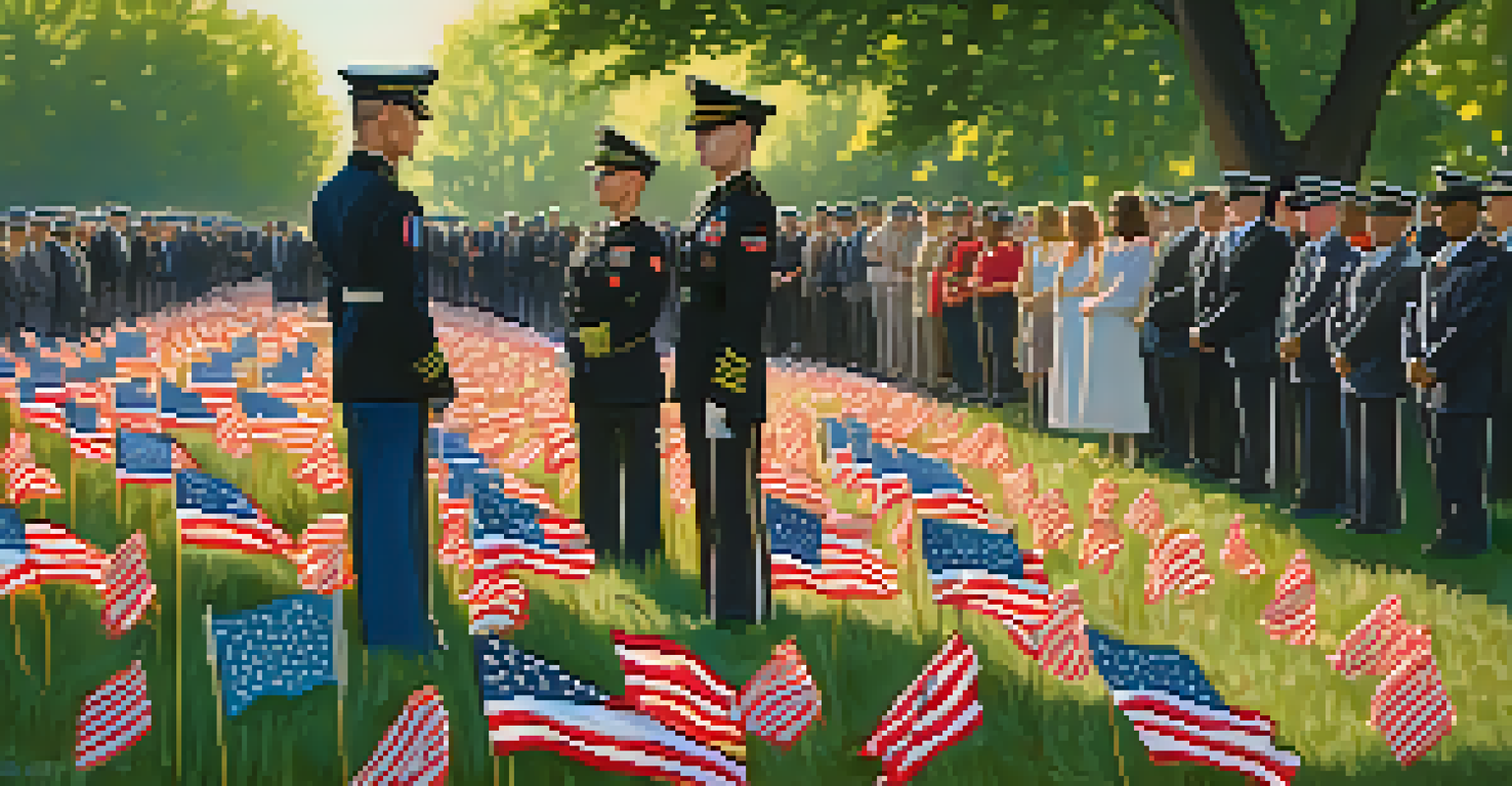 A quiet remembrance event in Lincoln Park with a veterans' memorial, flowers, and attendees in silent tribute to fallen heroes.