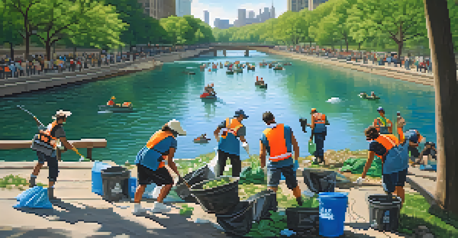 Volunteers cleaning up the Chicago River, picking up trash along the riverbank on a sunny day.