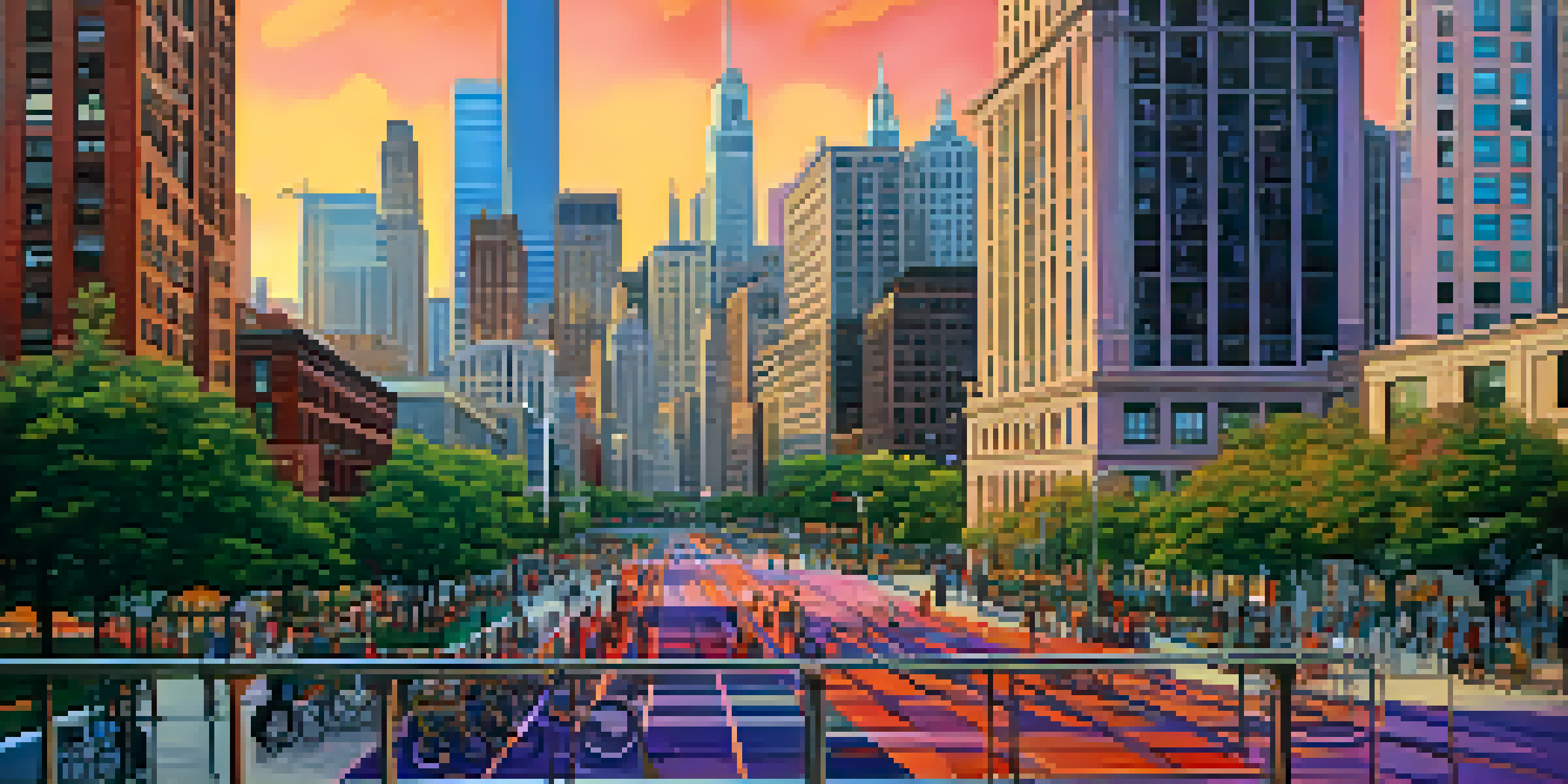A sunset view of Chicago's skyline with modern skyscrapers and historical buildings, featuring a busy street and a park in the foreground.