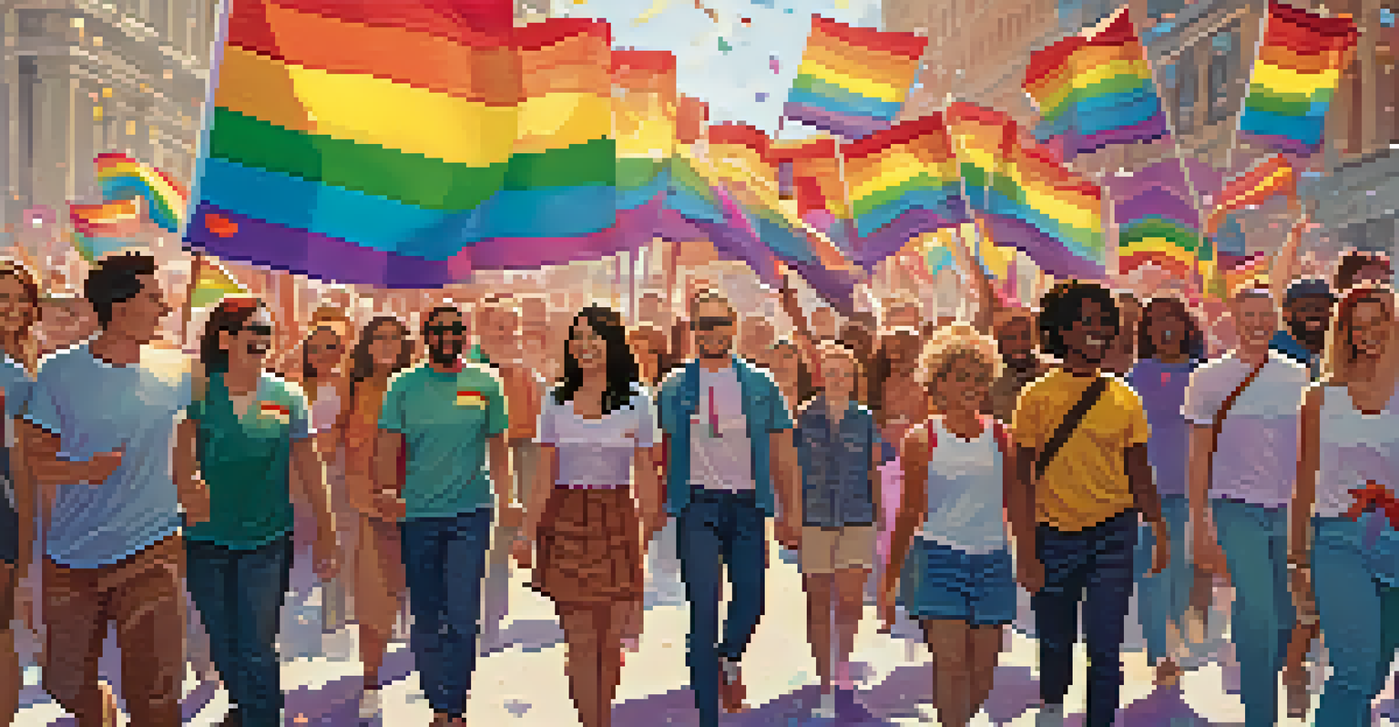 A diverse group of allies and LGBTQ+ members marching together in solidarity during the Pride Parade, holding hands and surrounded by colorful banners.