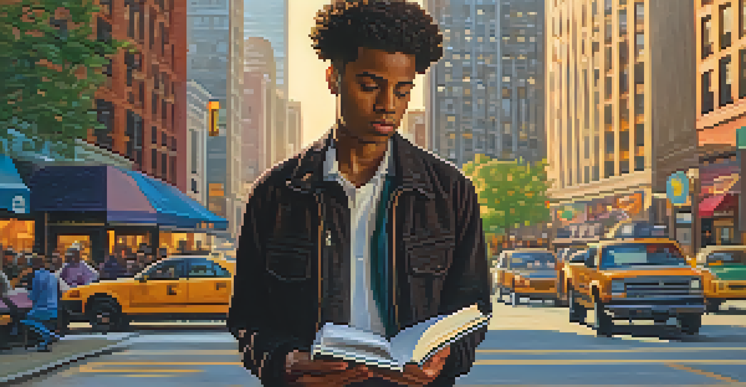 A young African American poet on a busy Chicago street with a notebook, surrounded by vibrant street art and golden sunset light.