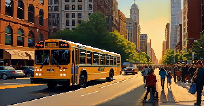 A busy street in Chicago with a CTA bus and 'L' train, illuminated by a sunset.