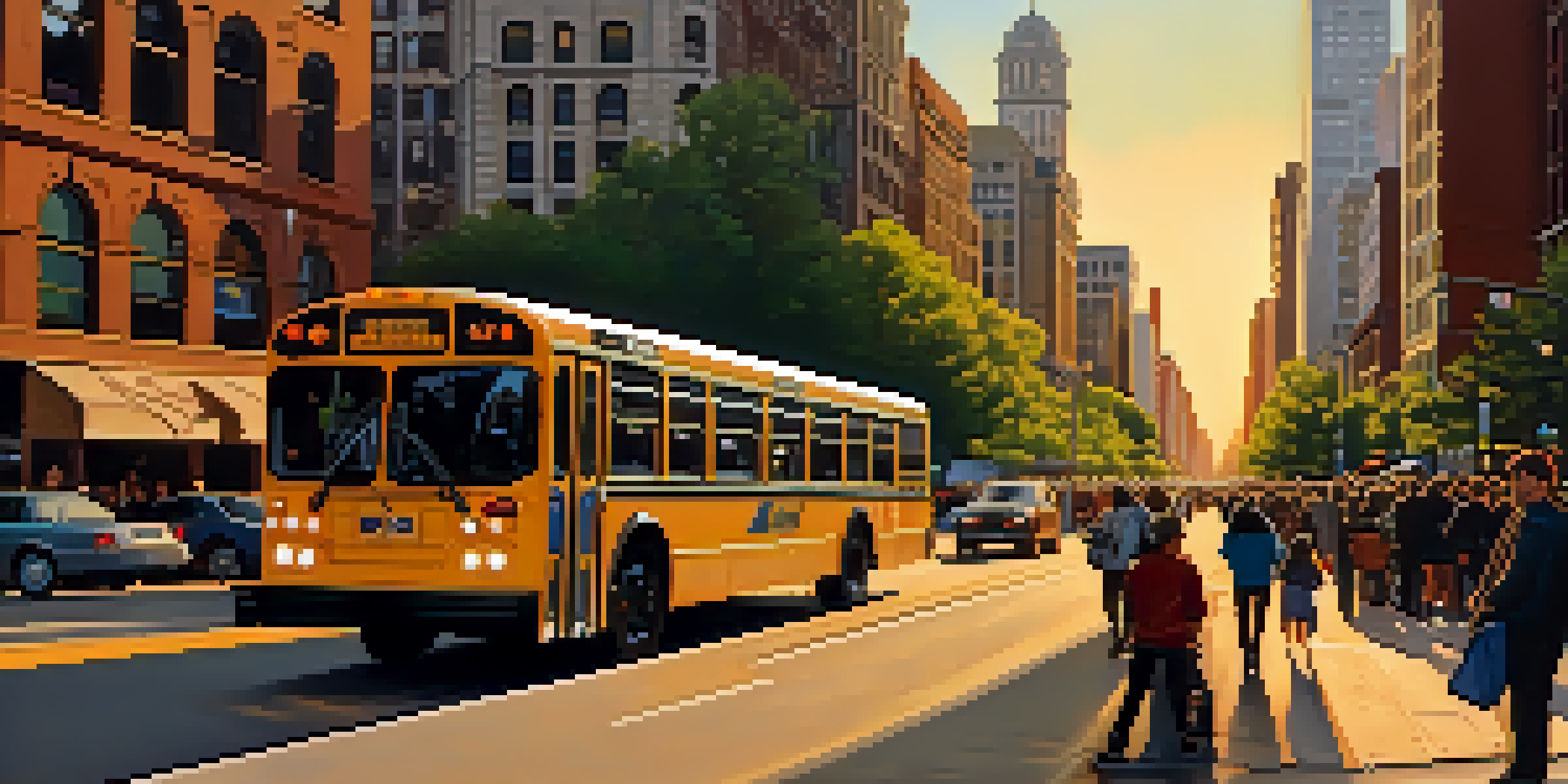 A busy street in Chicago with a CTA bus and 'L' train, illuminated by a sunset.