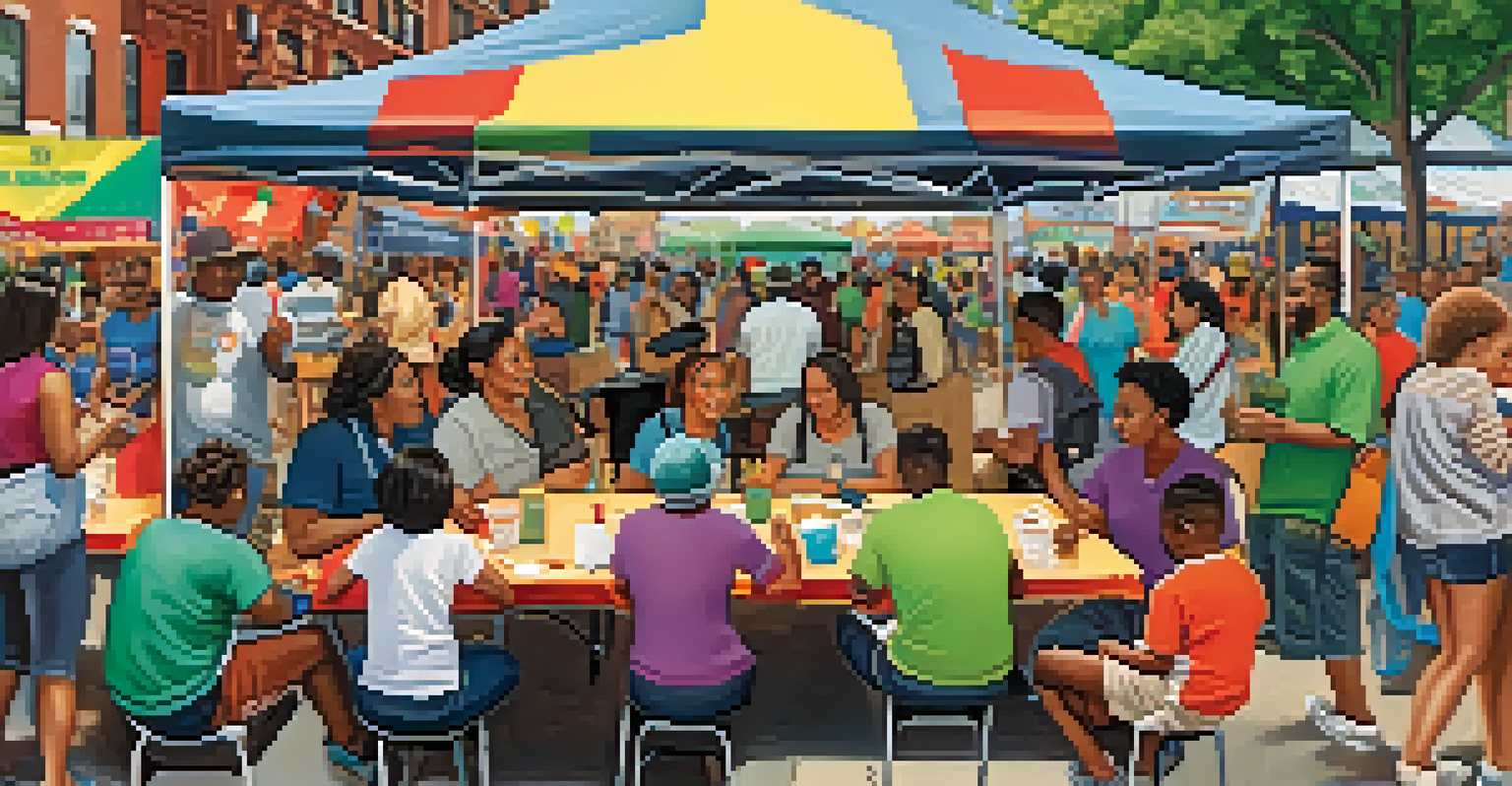 A diverse group of families engaging at a community booth during Chicago Fest, sharing smiles and information.
