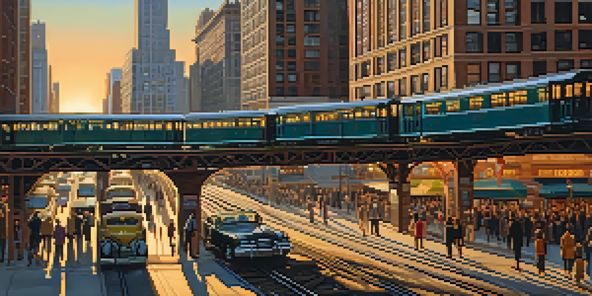 A panoramic view of Chicago's elevated train system, showing trains above busy streets with pedestrians and vintage cars, and modern skyscrapers in the background at sunset.