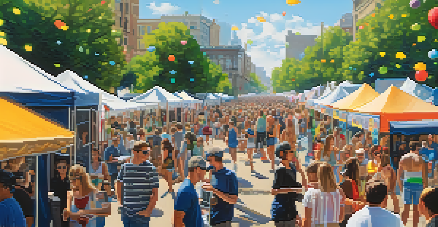 A vibrant art festival featuring booths of local artworks, musicians, and people engaging with installations in a lively atmosphere.