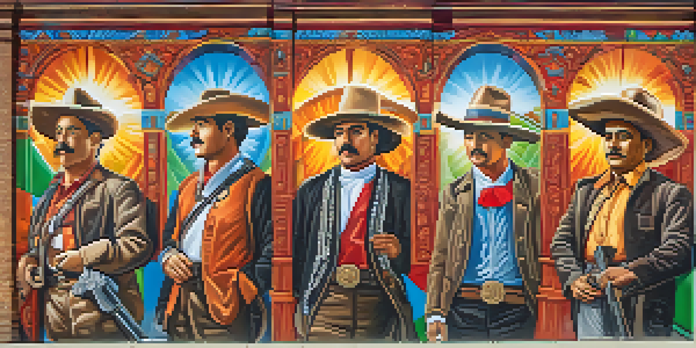 A colorful mural in Pilsen illustrating key figures from the Mexican Revolution, showcasing vibrant colors and intricate details against an urban backdrop.