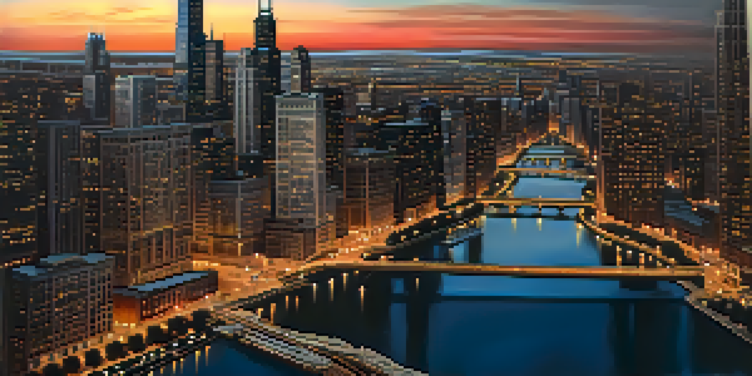 Aerial view of Chicago skyline at dusk with illuminated buildings and reflections in the river.