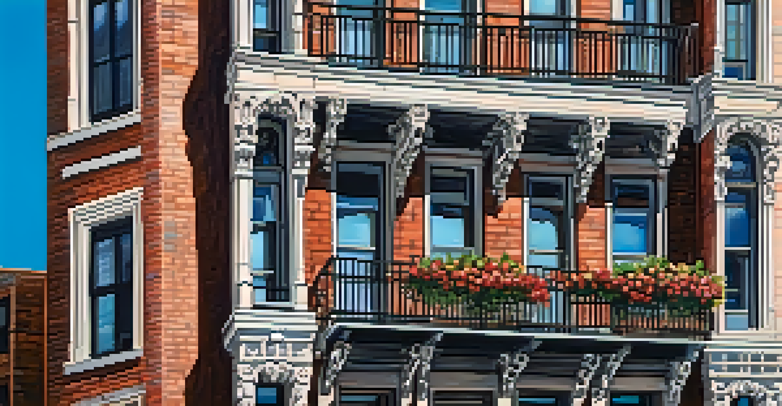Close-up of a vintage Chicago apartment building with detailed brickwork, wrought-iron balconies, and colorful flowers in window boxes against a blue sky.