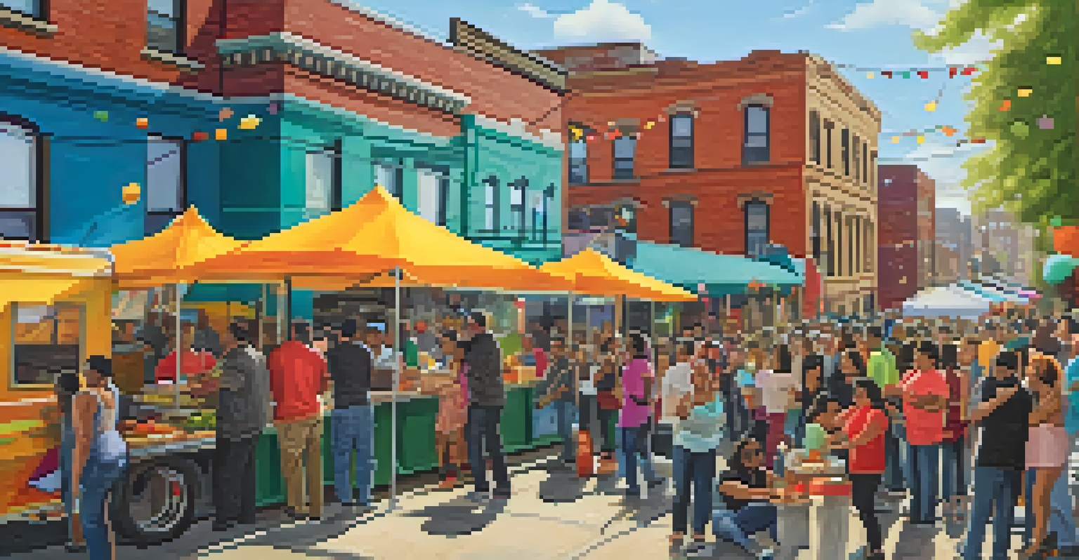 A neighborhood food event in Pilsen with a food truck serving tacos and a lively crowd enjoying the festivities.