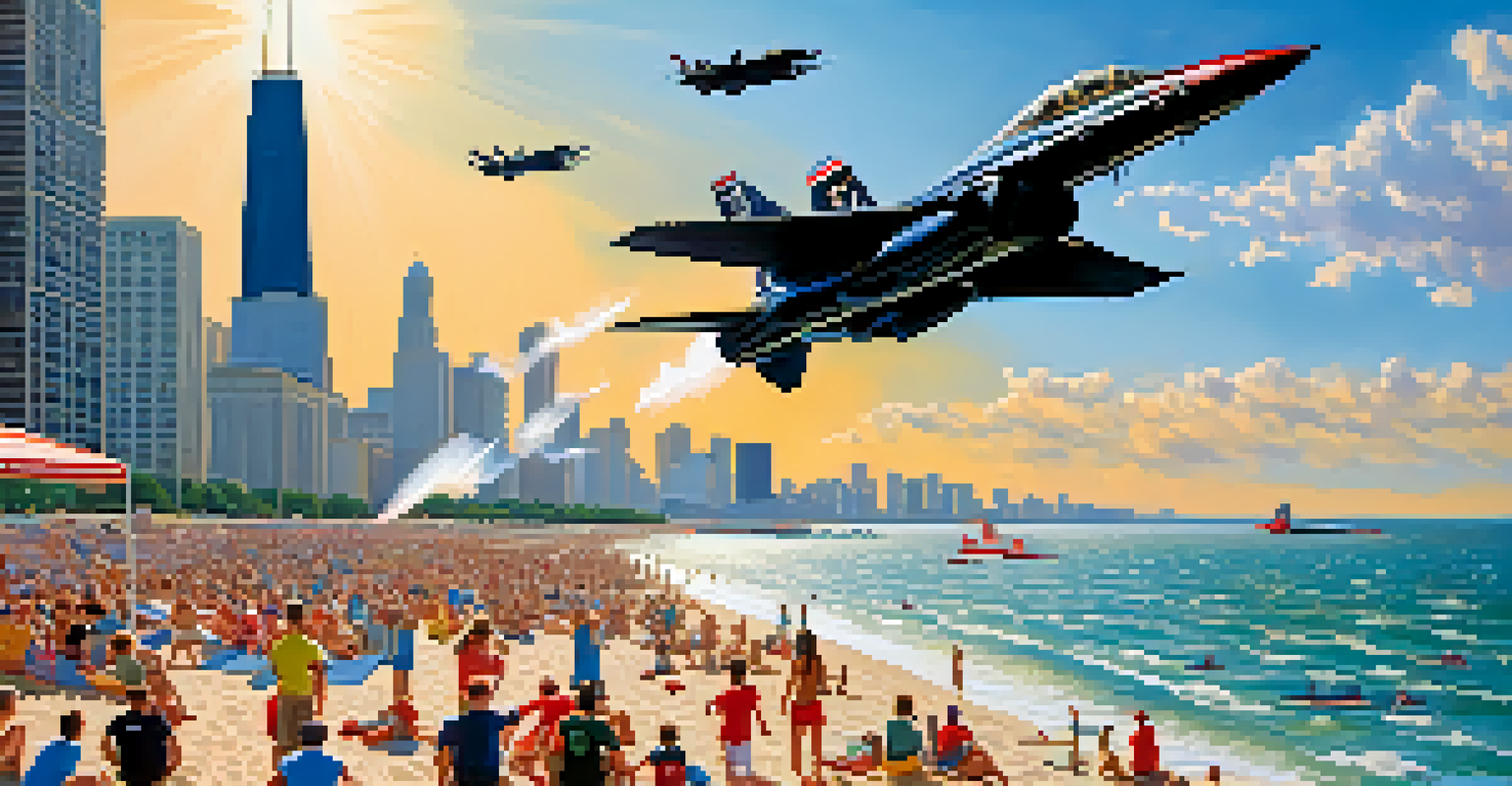 Families at the Chicago Air and Water Show, with military jets flying above Lake Michigan and the Chicago skyline in the background.