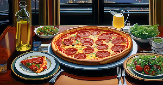 A dining table featuring a large Chicago deep-dish pizza surrounded by plates of salad and appetizers, with a cozy and inviting atmosphere.