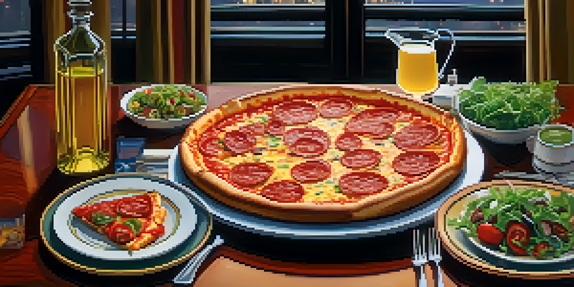 A dining table featuring a large Chicago deep-dish pizza surrounded by plates of salad and appetizers, with a cozy and inviting atmosphere.