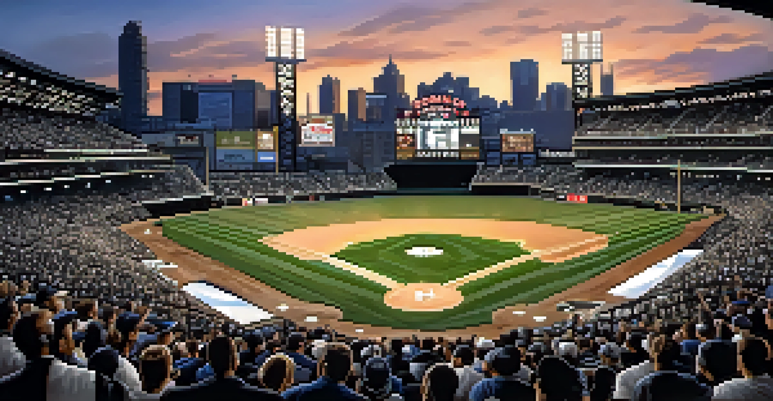 Guaranteed Rate Field at dusk, illuminated with the White Sox logo and excited fans in team merchandise.