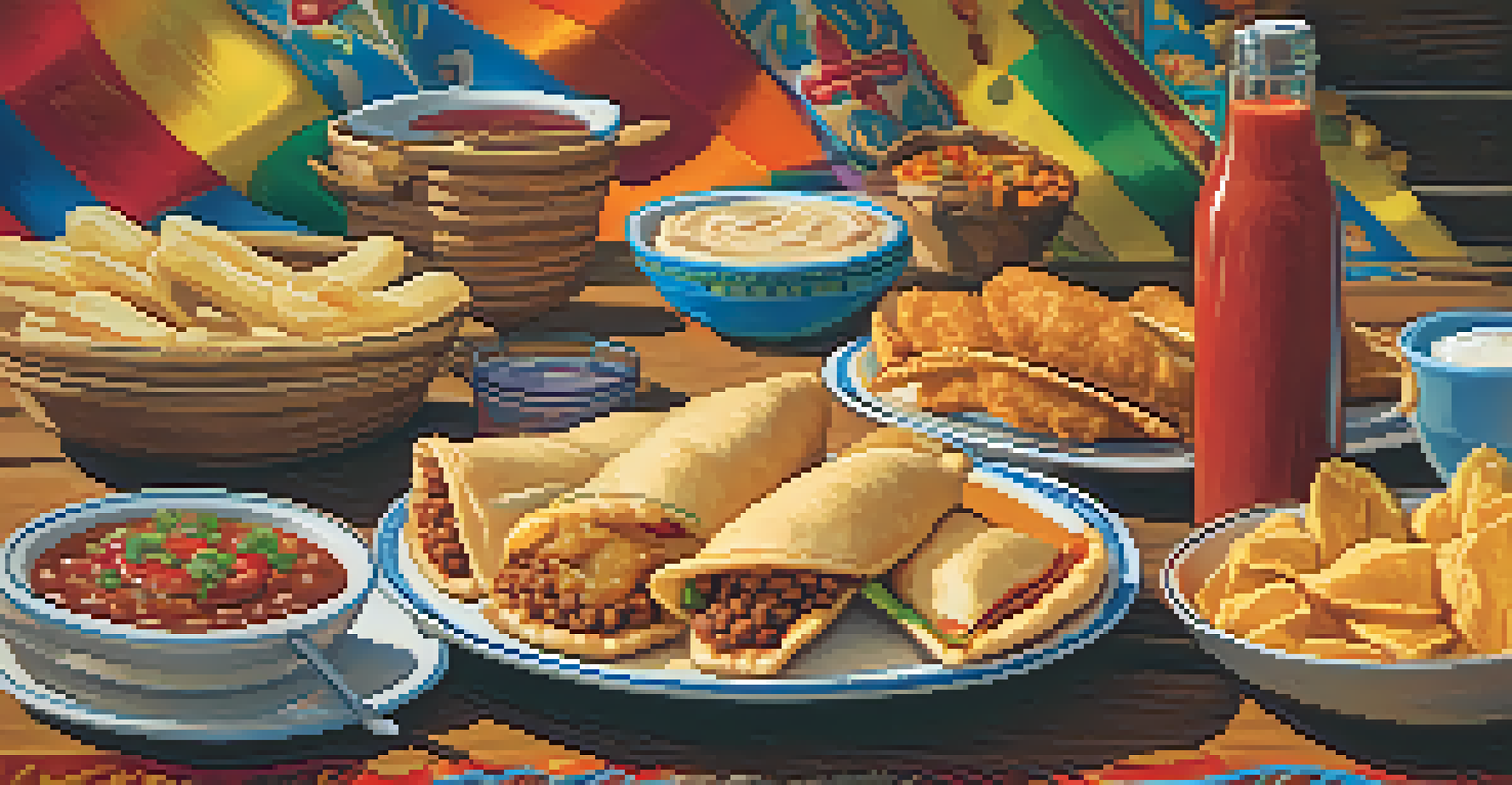 A close-up of a plate featuring traditional Latin dishes like tacos, empanadas, and churros, with festive decorations in the background.