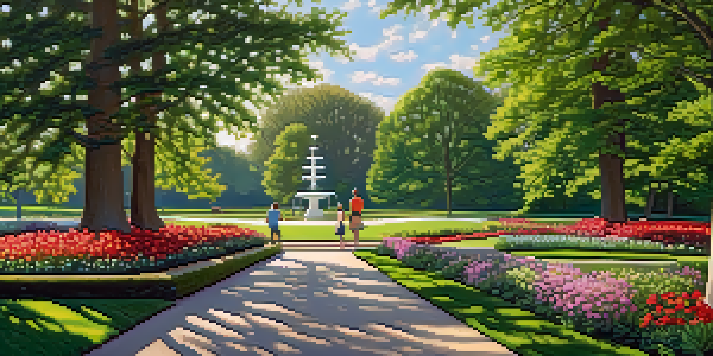 A scenic view of Cantigny Park in Wheaton, featuring colorful gardens, a walking path, and a family having a picnic.