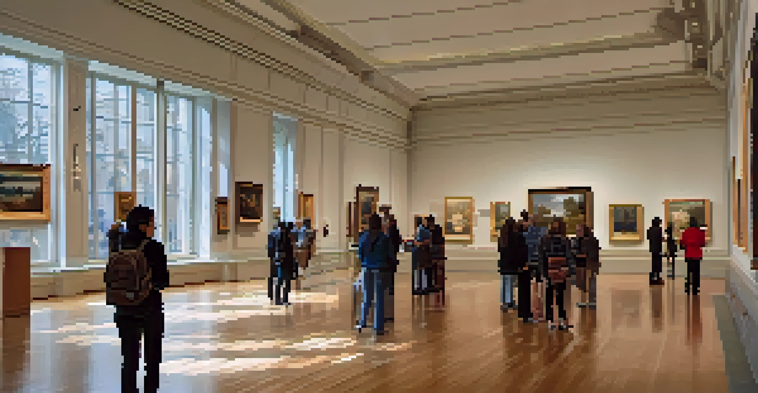 An inside view of the Art Institute of Chicago showcasing Impressionist paintings with visitors appreciating the art.