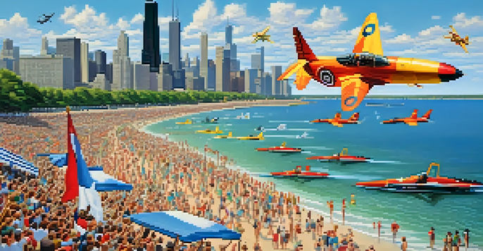 Aerial view of the Chicago Air and Water Show with military jets flying over Lake Michigan and spectators on the beach.